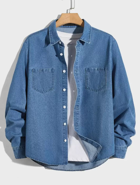 Mens Button Up Cotton Chambray Denim Full Sleeve Shirt TTMBUS81 - Blue