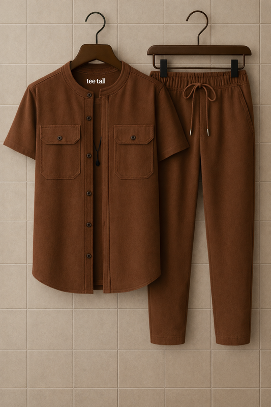 Mens Button Up Cotton Shirt and Pants Set TTMSPTS40 - Brown