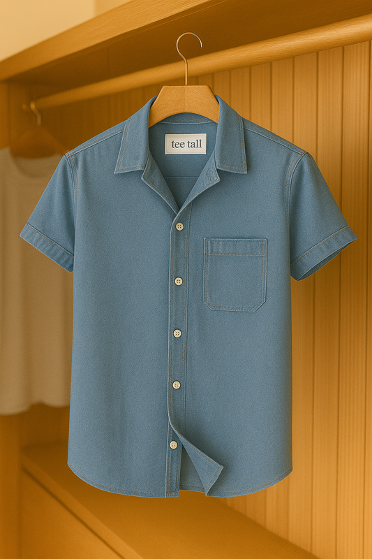 Mens Button Up Half Sleeve Chambray Denim Cuban Collar Cotton Shirt TTMBUS40 - Blue