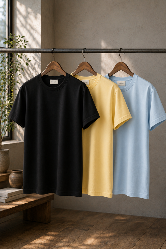 Mens 3 Plain Round Neck T-Shirt Bundle FAMTSB28 - Black Yellow Light Blue