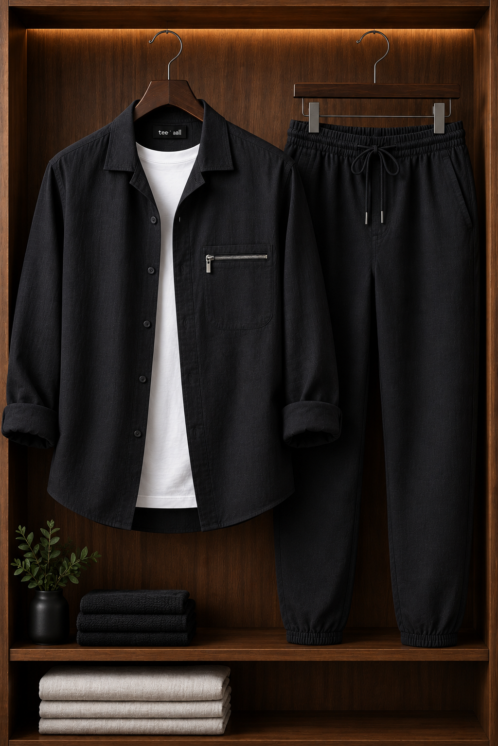 Mens Button Up Summer Cotton Full Sleeve Shirt and Pants Set TTMSPTS153 - Black
