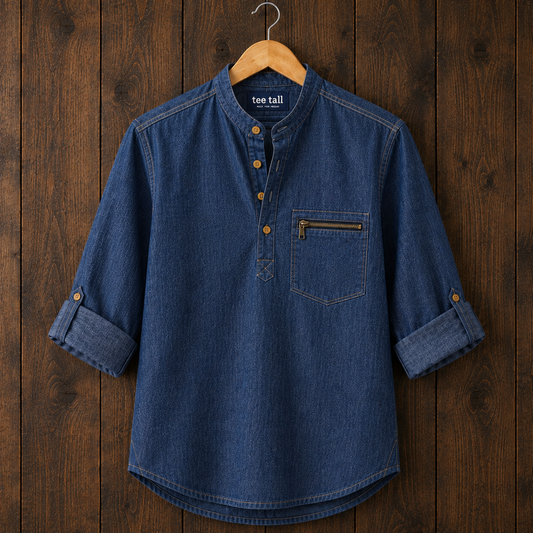 Mens Short Cotton Chambray Full Sleeve Shirt TTMSK175 - Blue