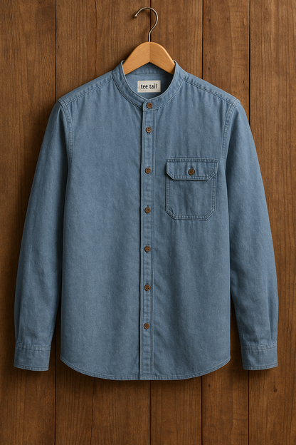 Mens Button Up Cotton Chambray Denim Full Sleeve Shirt TTMBUS56 - Blue