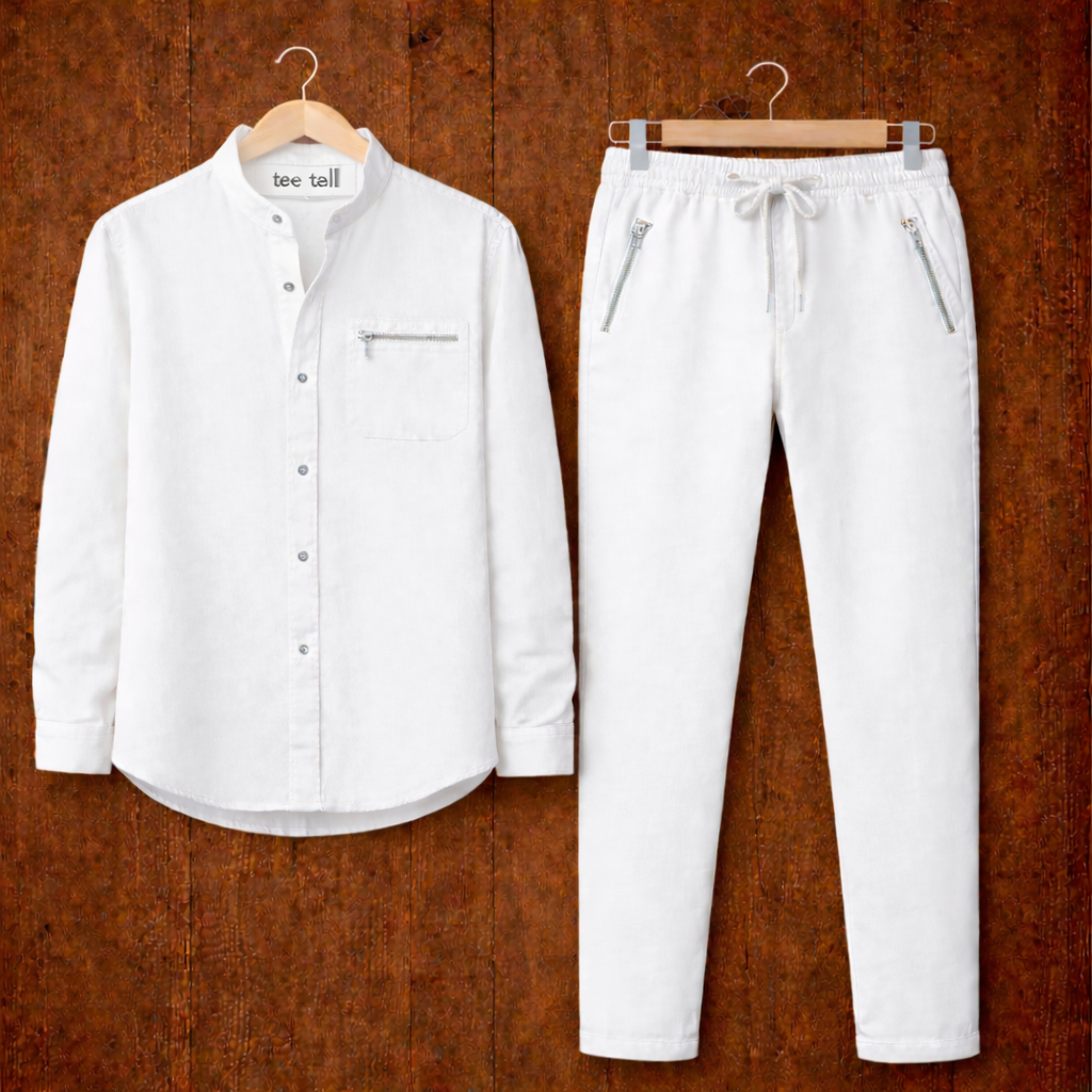Mens Button Up Cotton Full Sleeve Shirt and Pants Set TTMSPTS109 - White