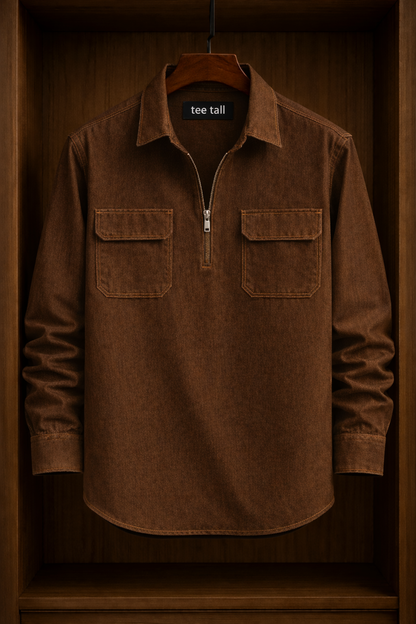 Mens Half Placket Zip Cotton Full Sleeve Shirt TTMBUS191 - Brown