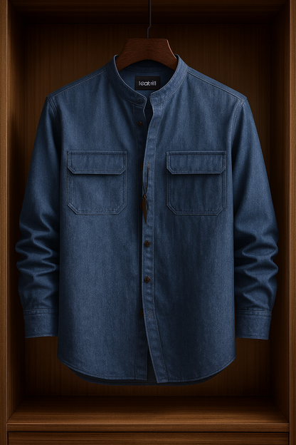 Mens Button Up Cotton Chambray Denim Full Sleeve Shirt TTMBUS41 - Blue