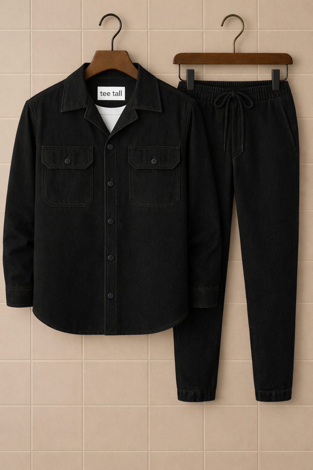 Mens Button Up Cotton Full Sleeve Shirt and Pants Set TTMSPTS37 - Black
