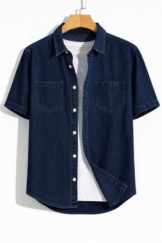 Mens Button Up Denim Chambray Cotton Shirt TTMBUS176 - Blue