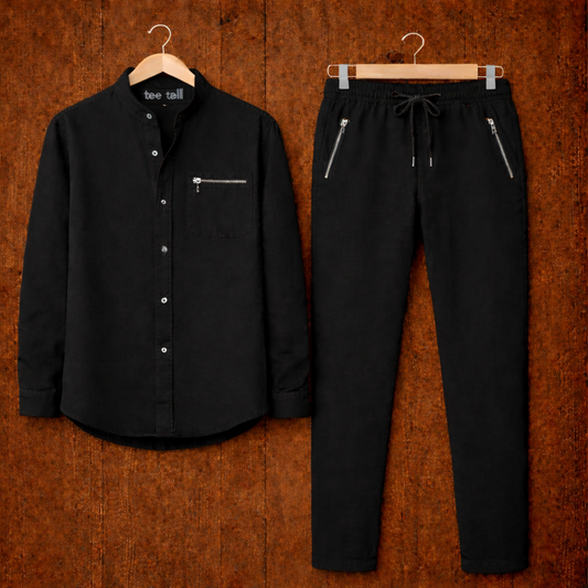 Mens Button Up Cotton Full Sleeve Shirt and Pants Set TTMSPTS110 - Black