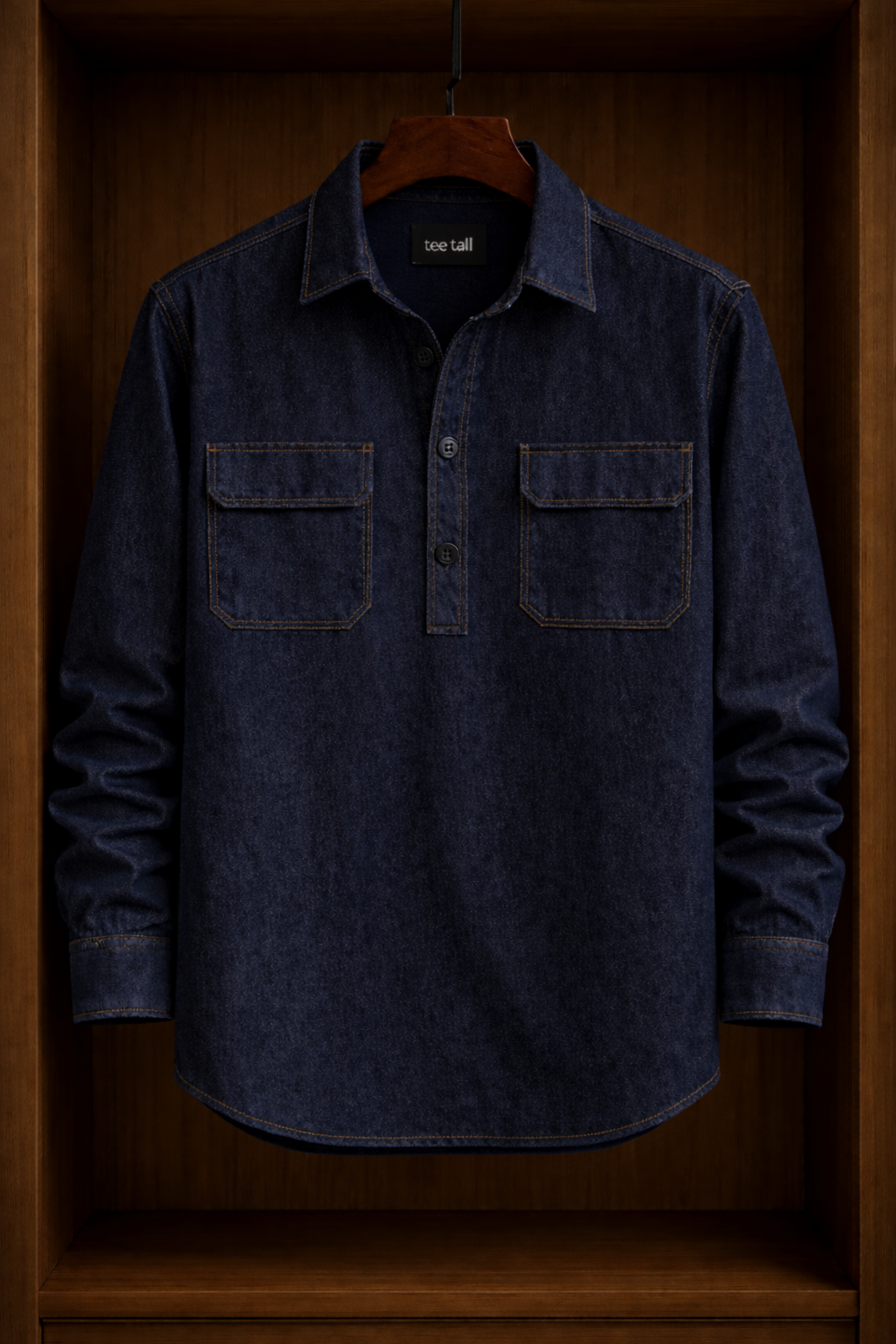 Mens Half Placket Button Denim Chambray Cotton Full Sleeve Shirt TTMBUS193 - Blue