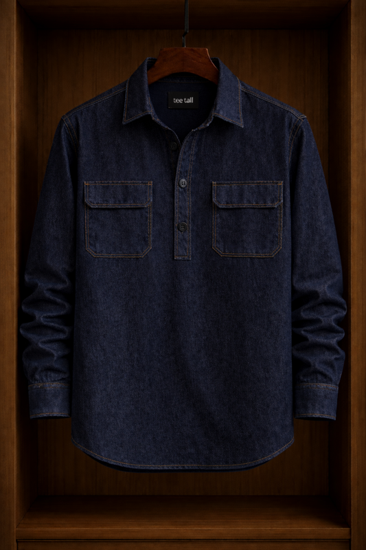 Mens Half Placket Button Denim Chambray Cotton Full Sleeve Shirt TTMBUS193 - Blue