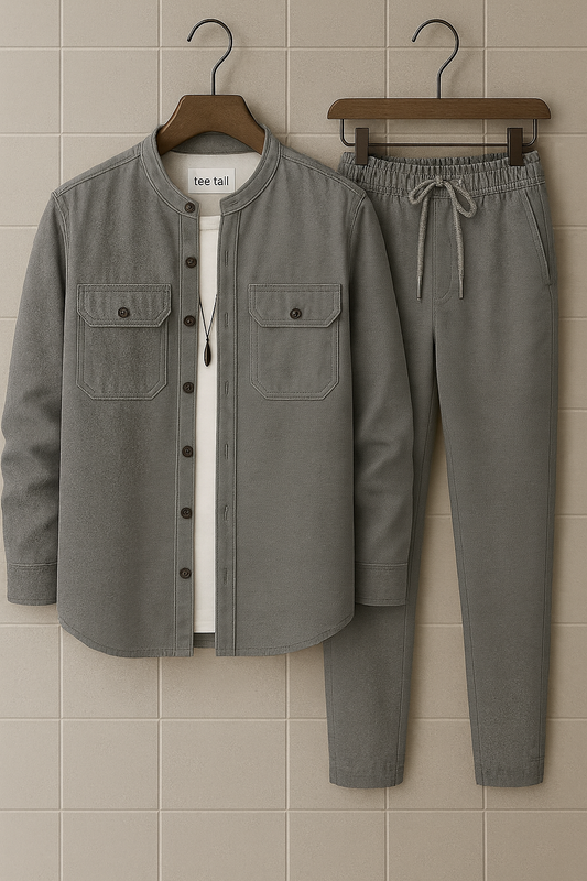 Mens Button Up Cotton Chambray Denim Full Sleeve Shirt and Pants Set TTMSPTS25 - Grey
