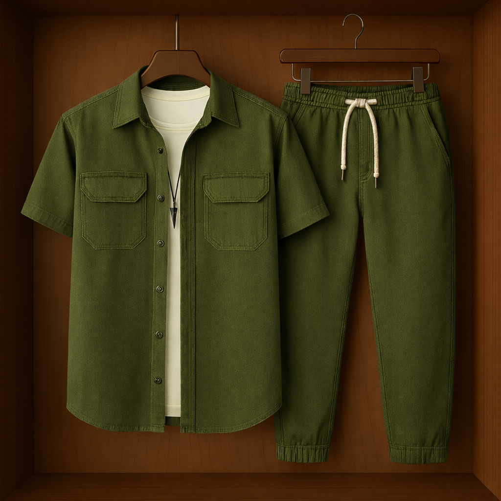 Mens Button Up Cotton Shirt and Pants Set TTMSPTS49 - Green