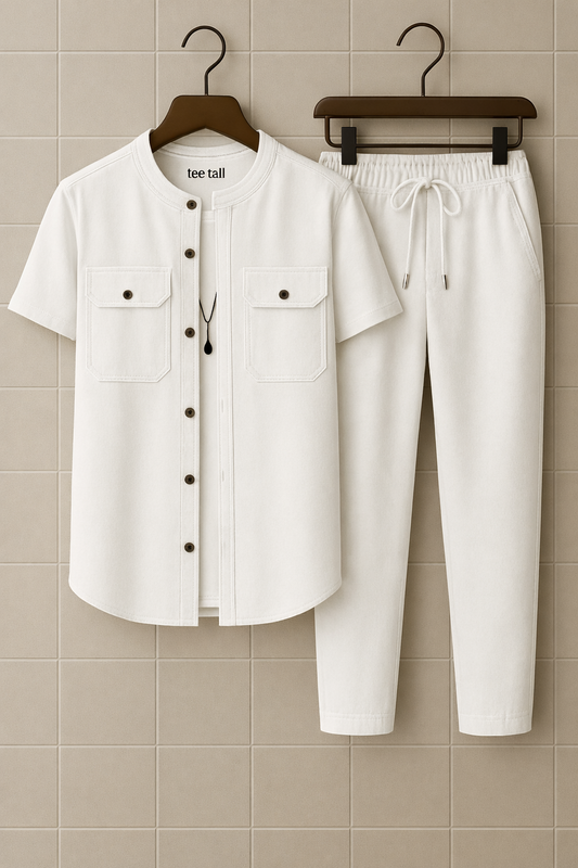 Mens Button Up Cotton Shirt and Pants Set TTMSPTS41 - White