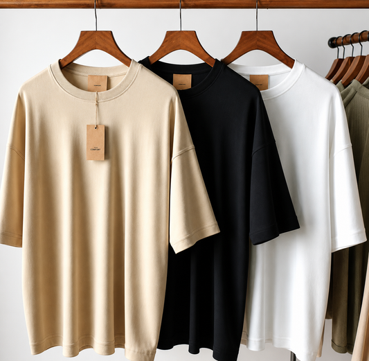 Pack of 3 Mens Plain Drop Shoulder Oversized Cream White Black T-Shirts FAMTSB30
