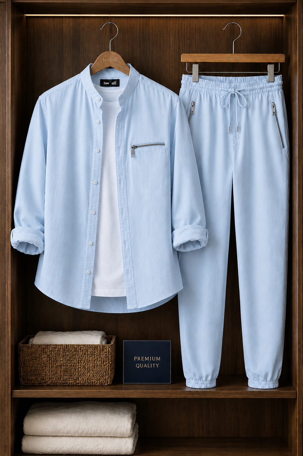 Mens Button Up Summer Cotton Full Sleeve Shirt and Pants Set TTMSPTS154 - Light Blue