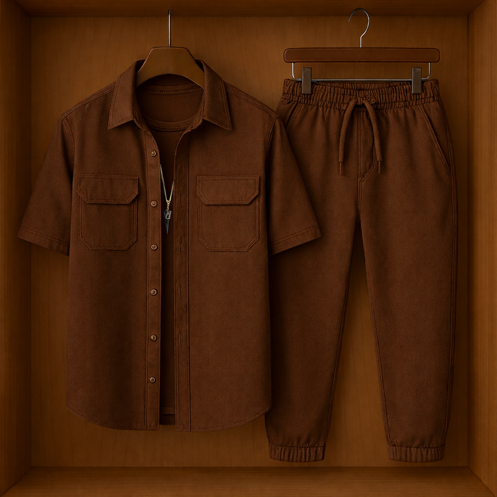 Mens Button Up Cotton Shirt and Pants Set TTMSPTS46 - Brown