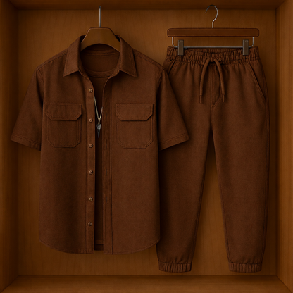 Mens Button Up Cotton Shirt and Pants Set TTMSPTS46 - Brown