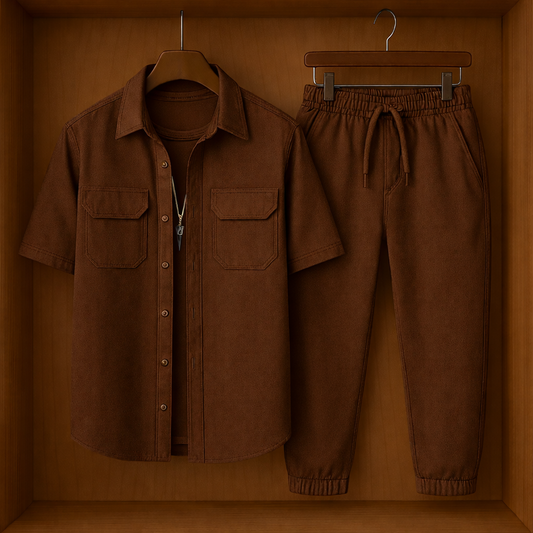 Mens Button Up Cotton Shirt and Pants Set TTMSPTS46 - Brown