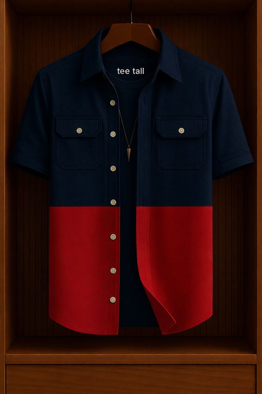 Mens Button Up Cotton Half Sleeve Shirt TTMBUS184 - Navy Blue Red