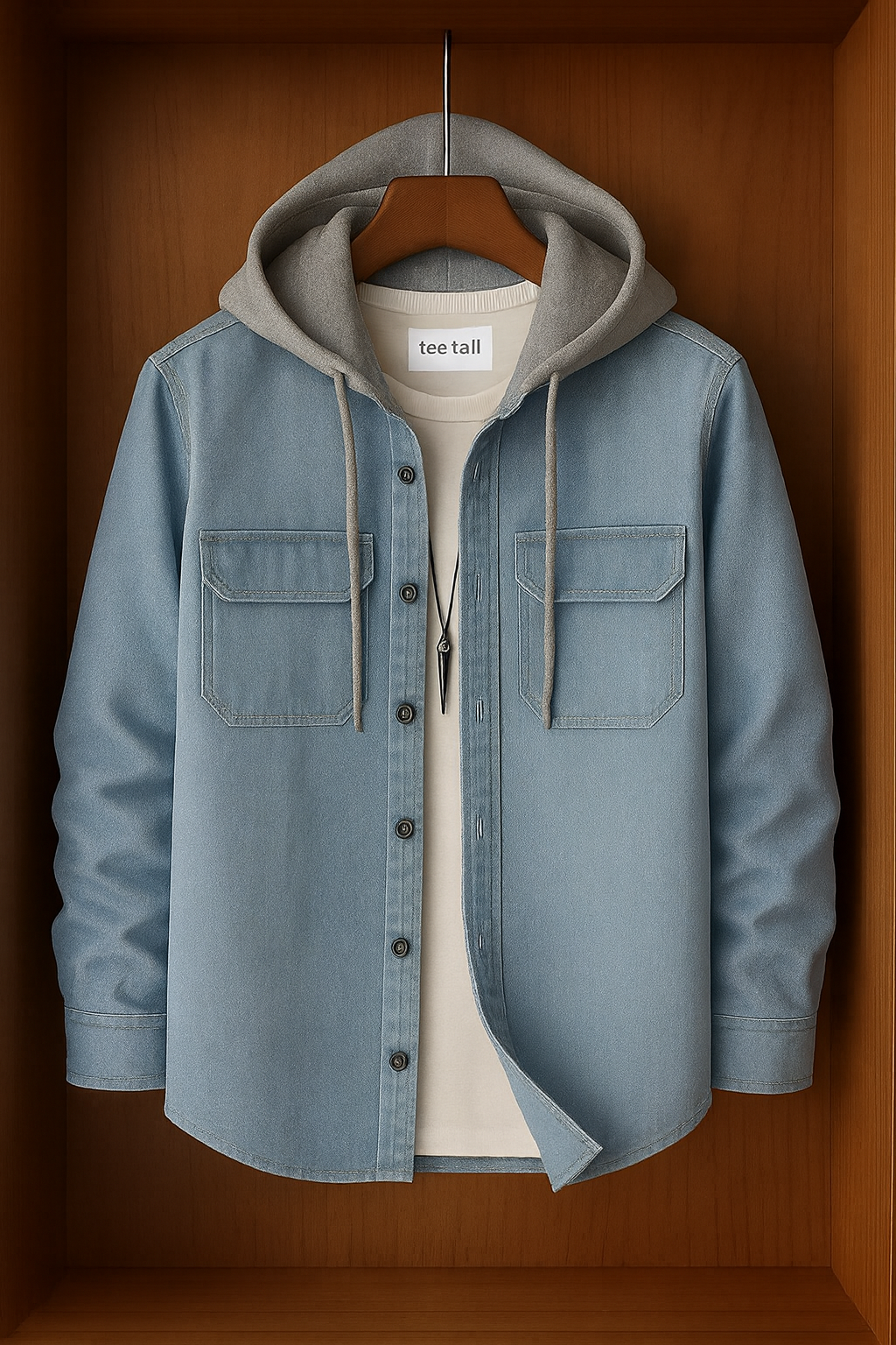 Mens Button Up Cotton Chambray Denim Hooded Full Sleeve Shirt TTMBUS80- Blue