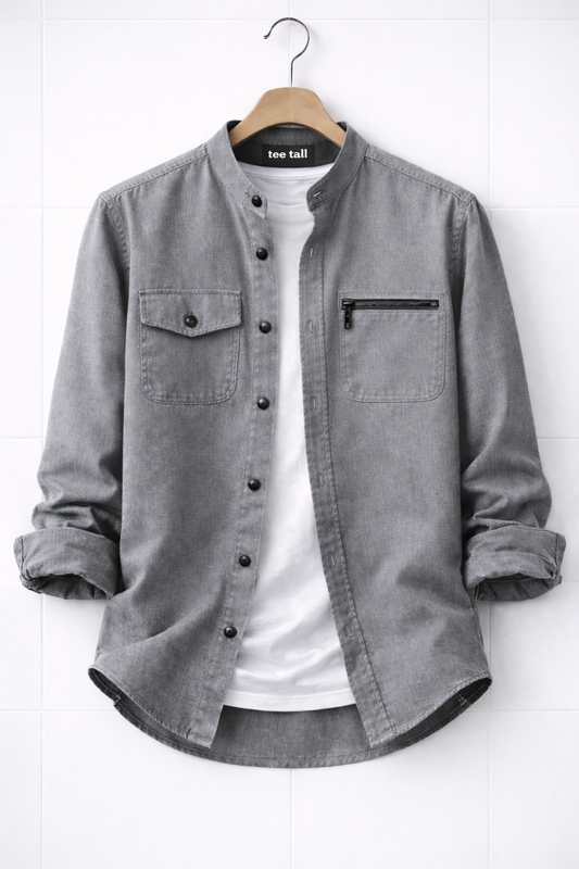 Mens Button Up Cotton Chambray Denim Full Sleeve Shirt TTMBUS307 - Grey