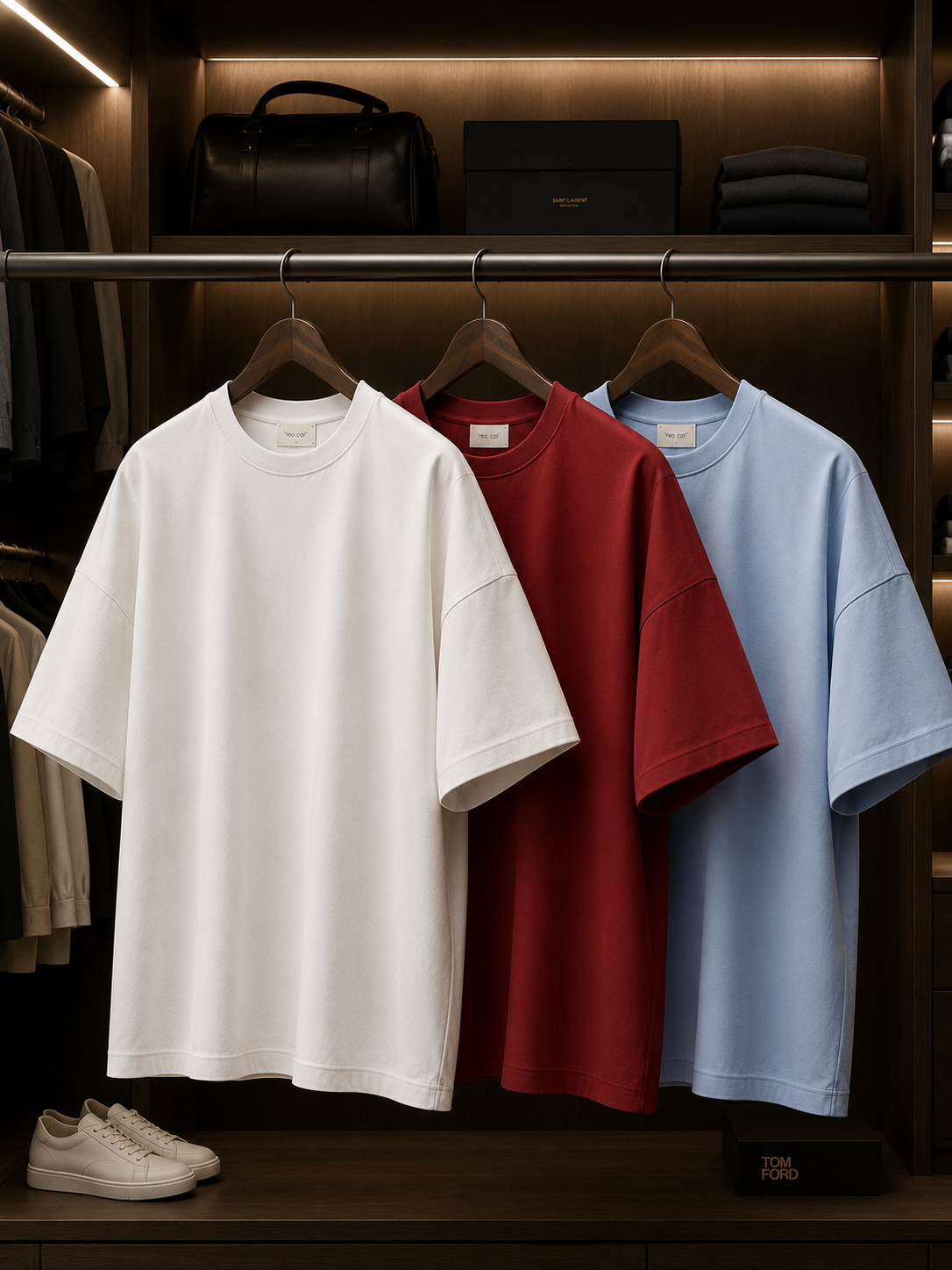 Mens 3 Plain Round Neck Oversized Drop Shoulder T-Shirt Bundle FAMTSB33 - White Red Light Blue