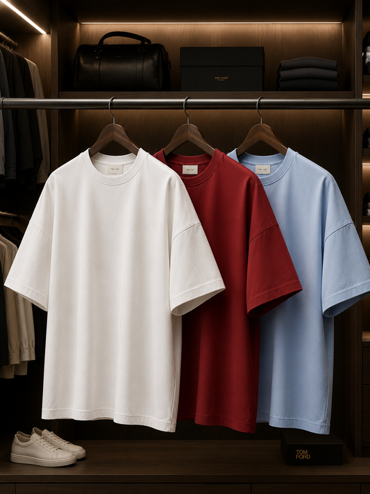 Mens 3 Plain Round Neck Oversized Drop Shoulder T-Shirt Bundle FAMTSB33 - White Red Light Blue