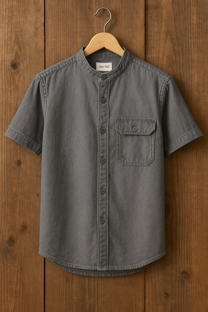 Mens Button Up Cotton Chambray Denim Half Sleeve Shirt TTMBUS55 - Grey