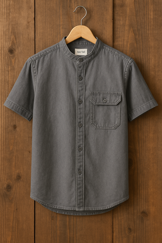 Mens Button Up Cotton Chambray Denim Half Sleeve Shirt TTMBUS55 - Grey