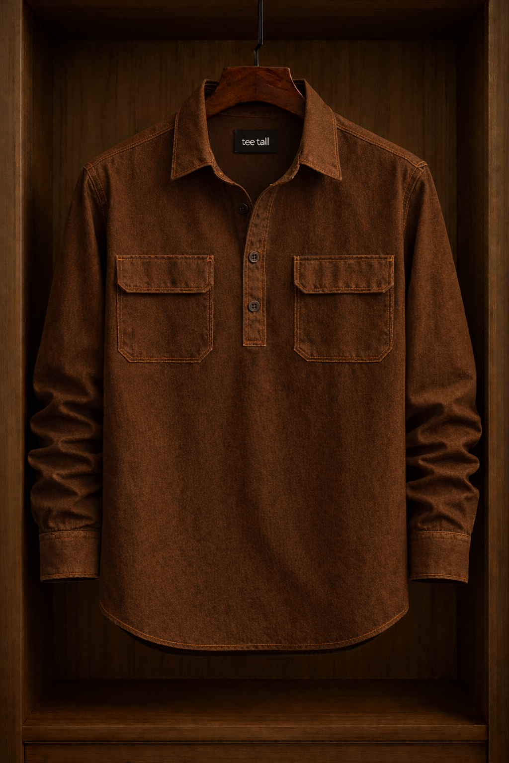 Mens Half Placket Button Cotton Full Sleeve Shirt TTMBUS192 - Brown