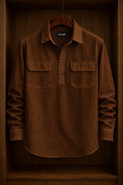 Mens Half Placket Button Cotton Full Sleeve Shirt TTMBUS192 - Brown