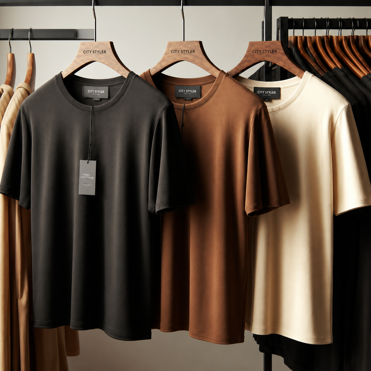 Pack of 3 Mens Plain Cream Black Brown T-Shirts FAMTSB23