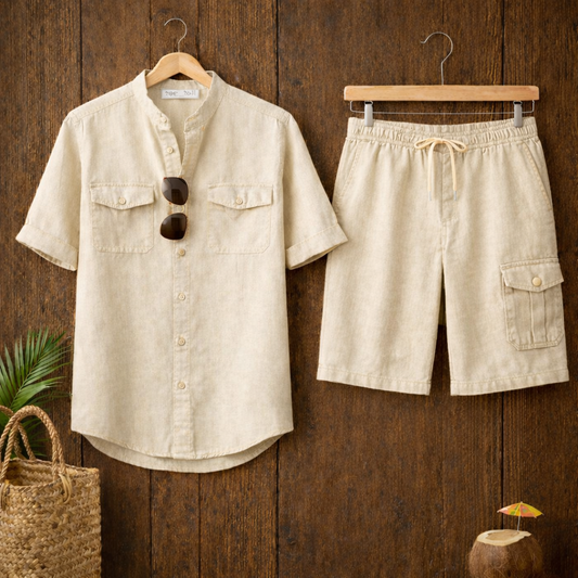 Mens Button Up Cotton Full Sleeve Shirt and Shorts Set TTMSPTS135 - Cream
