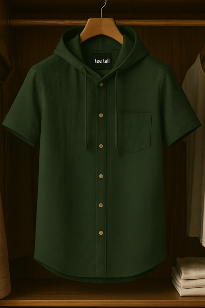 Mens Button Up Half Sleeve Cotton Hooded Shirt TTMBUS19 - Green