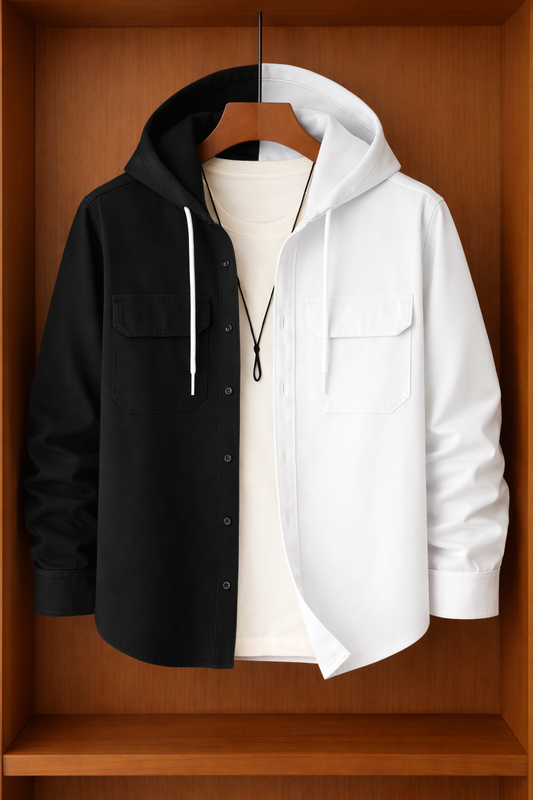 Mens Button Up Cotton Hooded Full Sleeve Shirt TTMBUS146 - Black White