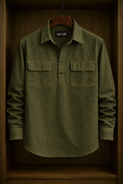 Mens Half Placket Button Cotton Full Sleeve Shirt TTMBUS194 - Army Green