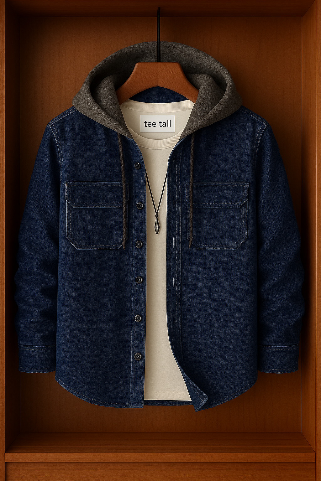 Mens Button Up Cotton Chambray Denim Hooded Full Sleeve Shirt TTMBUS85 - Blue