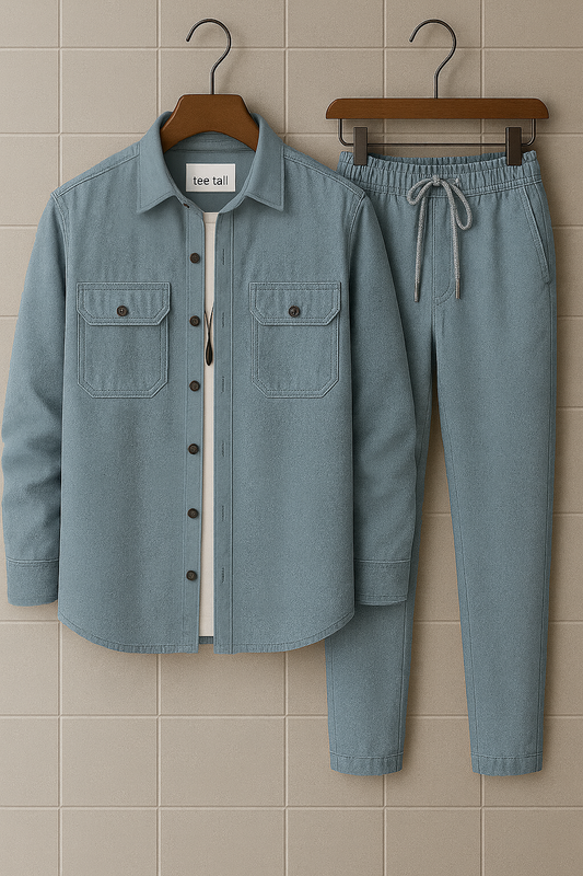 Mens Button Up Cotton Chambray Denim Full Sleeve Shirt and Pants Set TTMSPTS29 - Blue