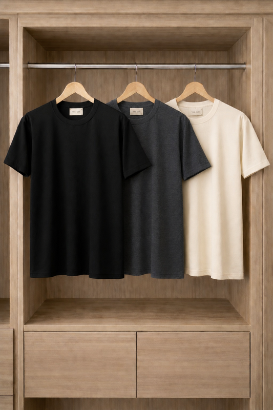 Mens 3 Plain Round Neck T-Shirt Bundle FAMTSB26 - Cream Black Charcoal