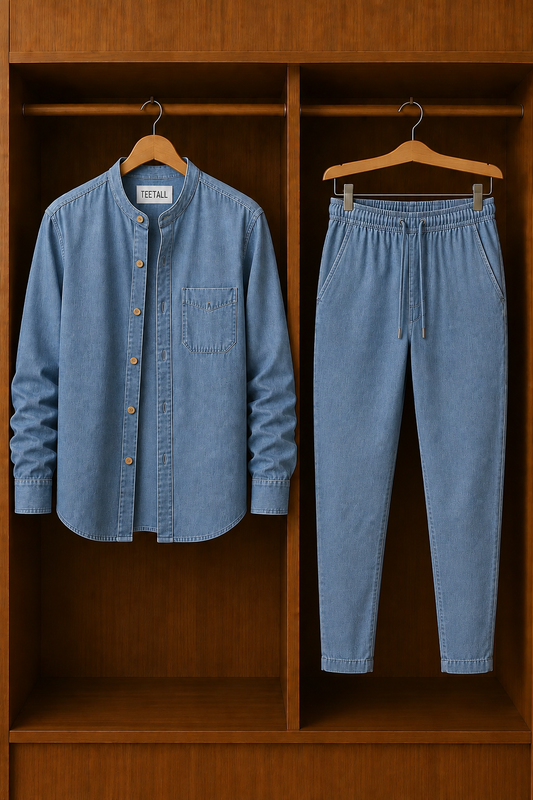 Mens Button Up Summer Chambray Cotton Full Sleeve Shirt and Pants Set TTMSPTS173 - Blue