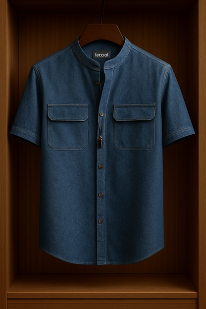 Mens Button Up Half Sleeve Chambray Denim Cotton Shirt TTMBUS42 - Blue