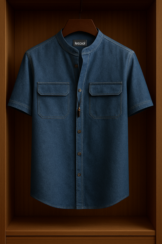 Mens Button Up Half Sleeve Chambray Denim Cotton Shirt TTMBUS42 - Blue