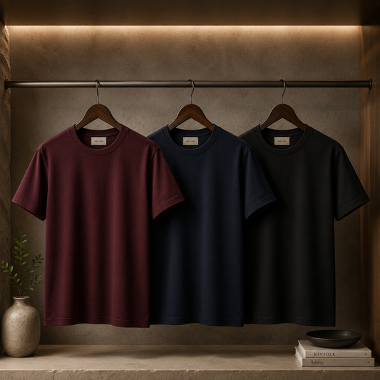 Mens 3 Plain Round Neck T-Shirt Bundle FAMTSB42 - Maroon Navy Blue Black