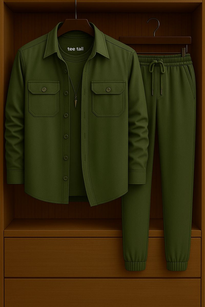 Mens Button Up Cotton Full Sleeve Shirt and Pants Set TTMSPTS33 - Green