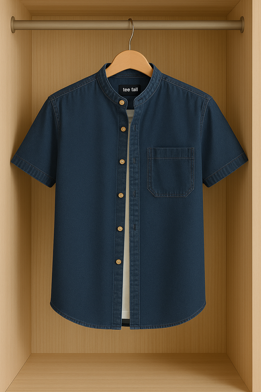 Mens Button Up Half Sleeve Chambray Denim Cotton Shirt TTMBUS36 - Blue
