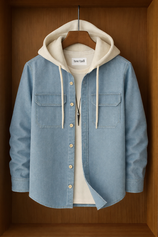 Mens Button Up Cotton Chambray Denim Hooded Full Sleeve Shirt TTMBUS147 - Blue