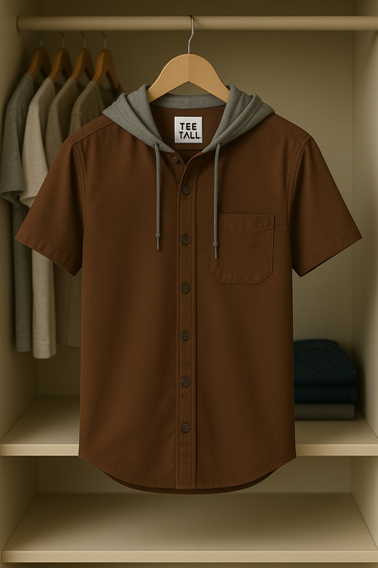 Mens Button Up Half Sleeve Cotton Hooded Shirt TTMBUS33 - Brown