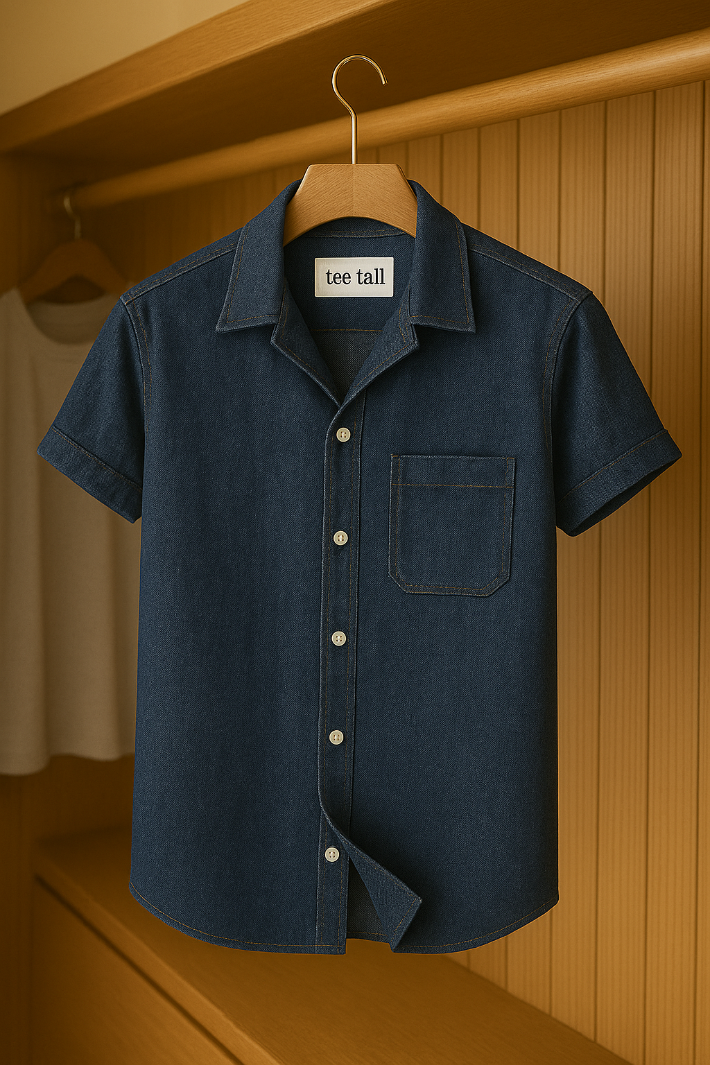 Mens Button Up Half Sleeve Chambray Denim Cuban Collar Cotton Shirt TTMBUS39 - Blue