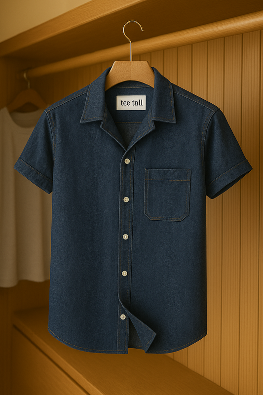 Mens Button Up Half Sleeve Chambray Denim Cuban Collar Cotton Shirt TTMBUS39 - Blue